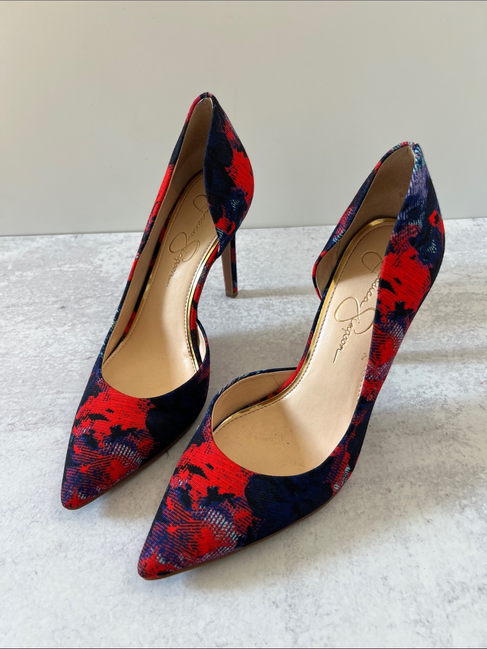 Jessica Simpson Red and Navy Floral Pointed-Toe Stiletto Pumps